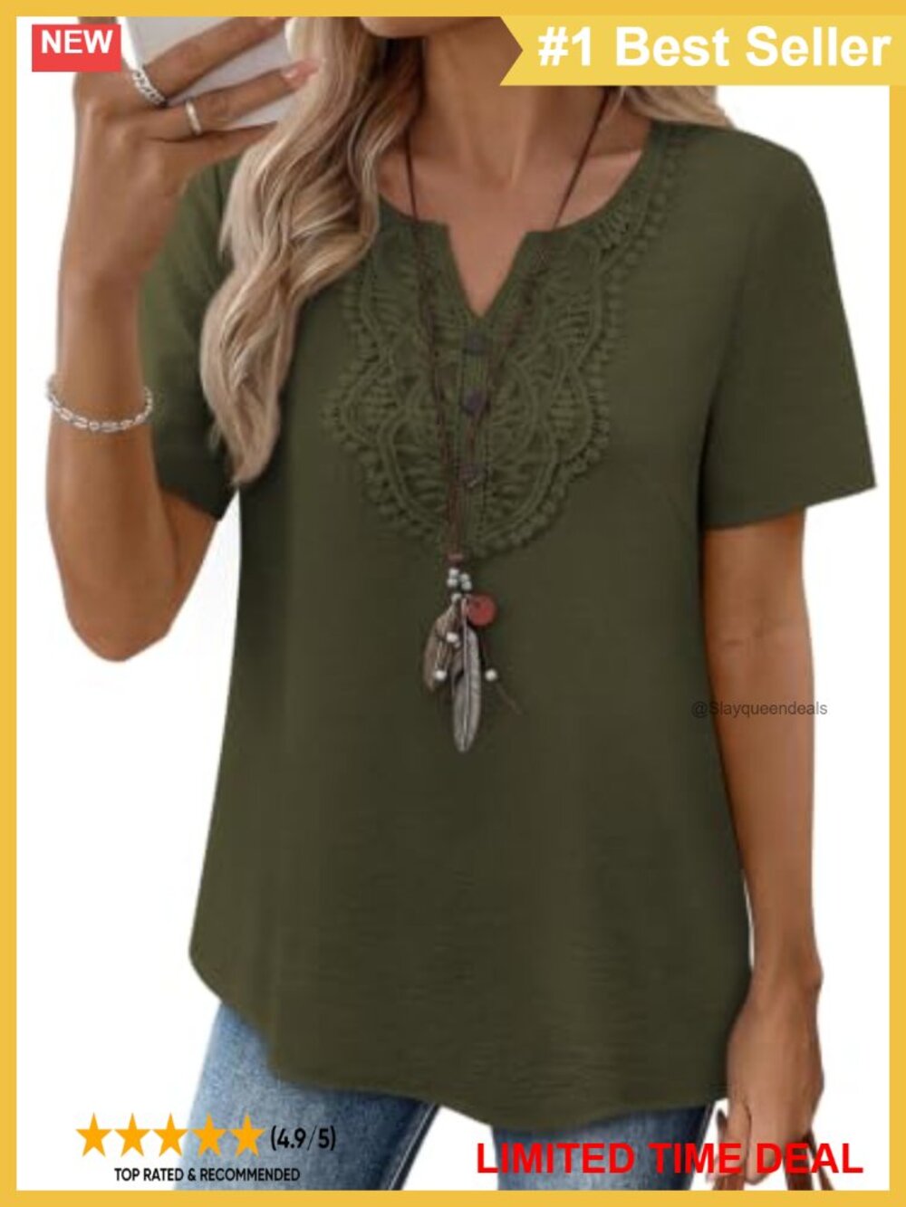 Falechay Womens Short Sleeve Boho Top Lace V Neck Button Blouse